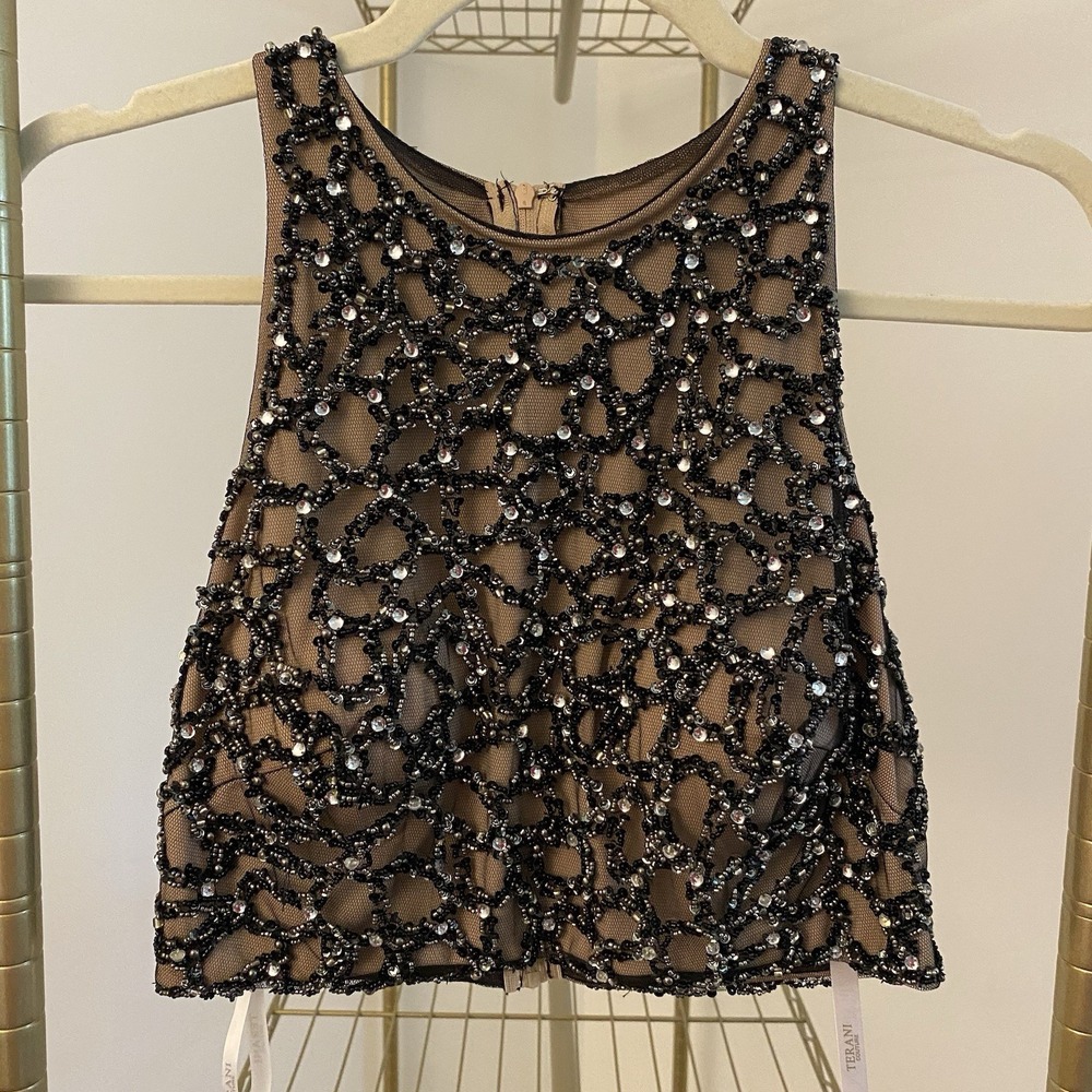 Terani‎ Couture Sleeveless Embellished Beaded Crop Top Sz 6 Fairy Y2K Black Nude